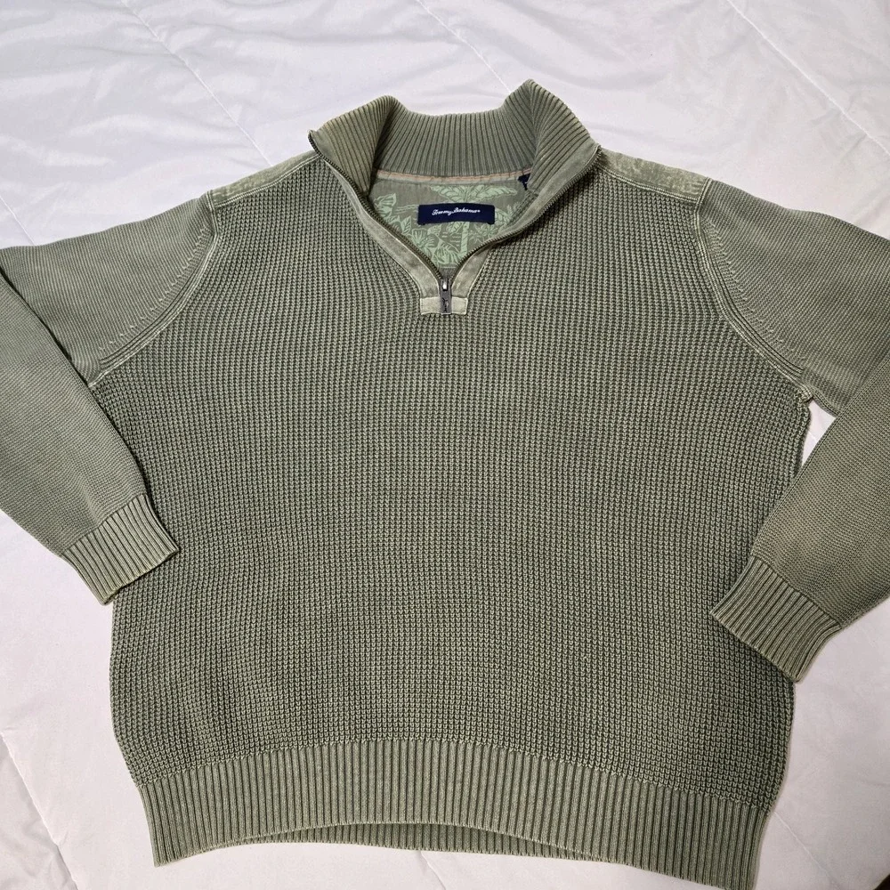 Tommy Bahama Men's 1/4 Zip Pullover Sweater Green Knit Long Sleeve Casual Large